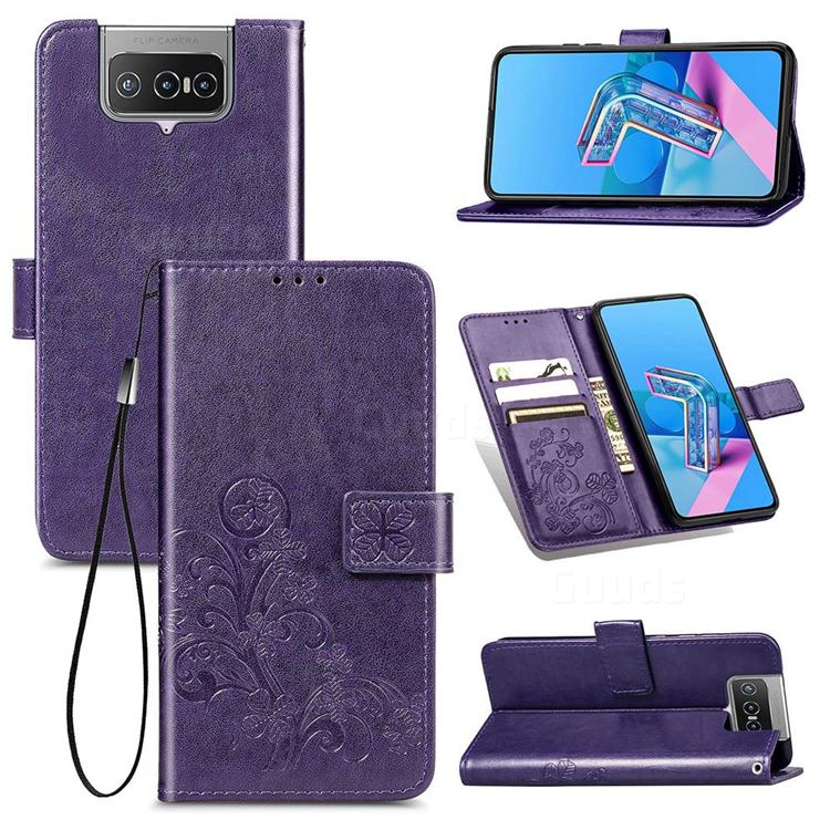 Embossing Imprint Four-Leaf Clover Leather Wallet Case for Asus Zenfone 7 ZS670KS / 7 Pro ZS671KS - Purple