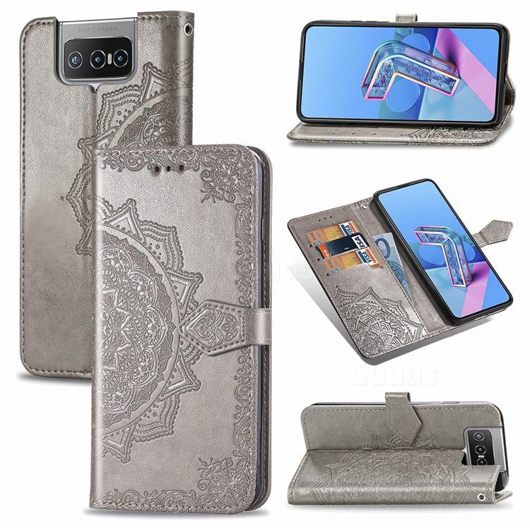 Embossing Imprint Mandala Flower Leather Wallet Case for Asus Zenfone 7 ZS670KS / 7 Pro ZS671KS - Gray