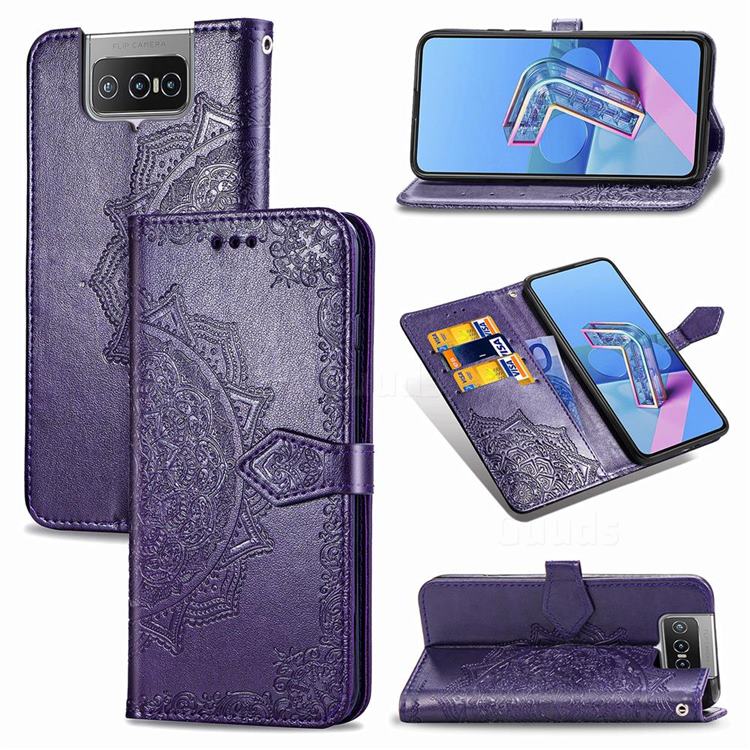 Embossing Imprint Mandala Flower Leather Wallet Case for Asus Zenfone 7 ZS670KS / 7 Pro ZS671KS - Purple