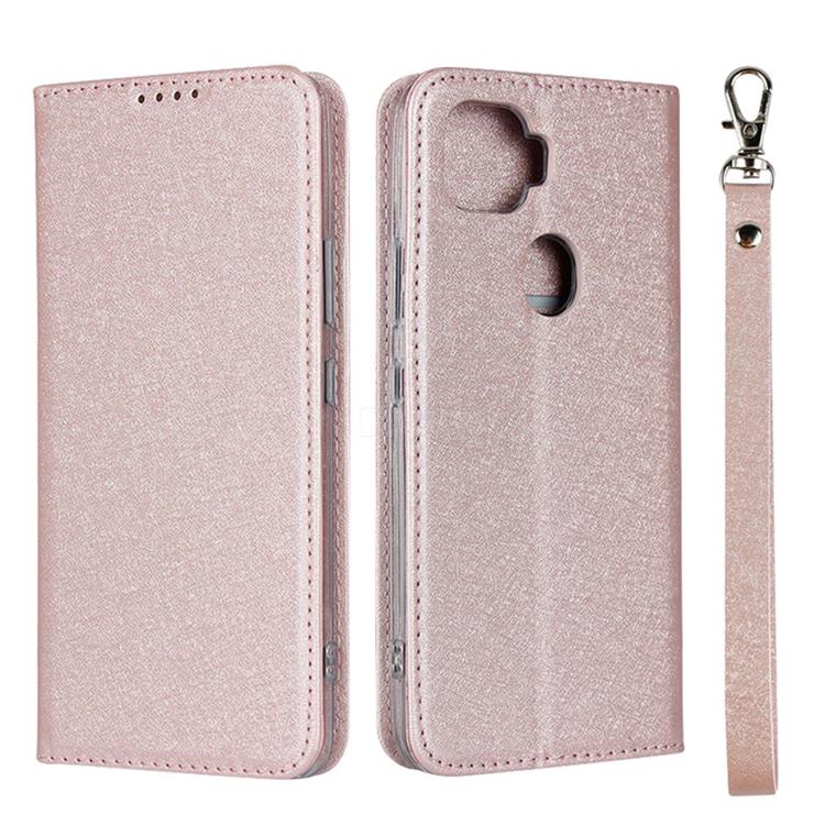 Ultra Slim Magnetic Automatic Suction Silk Lanyard Leather Flip Cover for ZTE A1 ZTG01 5G - Rose Gold