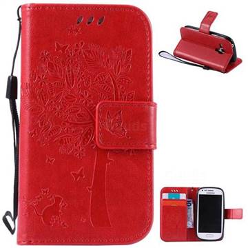 Embossing Butterfly Tree Leather Wallet Case for Samsung Galaxy S3 III Mini i8190 - Red