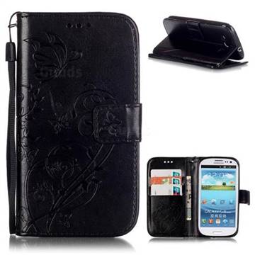 Embossing Butterfly Flower Leather Wallet Case for Samsung Galaxy S3 i9300 - Black