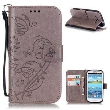 Embossing Butterfly Flower Leather Wallet Case for Samsung Galaxy S3 i9300 - Grey