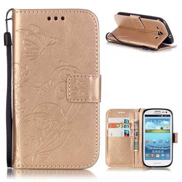 Embossing Butterfly Flower Leather Wallet Case for Samsung Galaxy S3 i9300 - Champagne