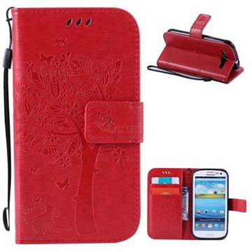 Embossing Butterfly Tree Leather Wallet Case for Samsung Galaxy S3 - Red