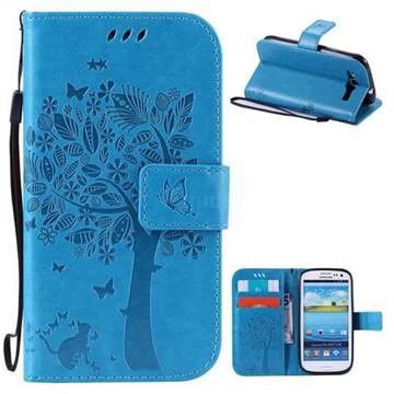 Embossing Butterfly Tree Leather Wallet Case for Samsung Galaxy S3 - Blue