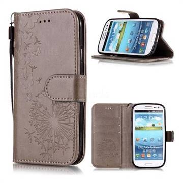 Intricate Embossing Dandelion Butterfly Leather Wallet Case for Samsung Galaxy S3 - Gray