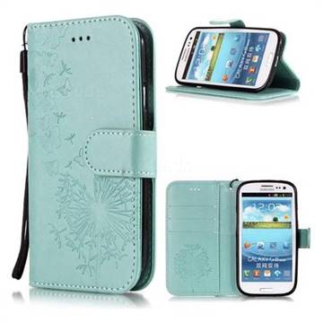 Intricate Embossing Dandelion Butterfly Leather Wallet Case for Samsung Galaxy S3 - Green