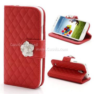 Rhombus Leather Case for Samsung Galaxy S4 IV i9500 i9505 with Diamond Flower Buckle - Red