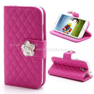Rhombus Leather Case for Samsung Galaxy S4 IV i9500 i9505 with Diamond Flower Buckle - Rose