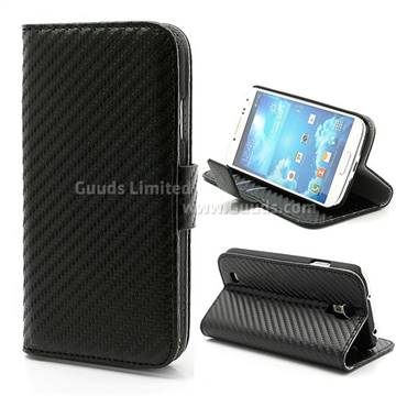 Carbon Fiber Leather Case for Samsung Galaxy S4 i9500 i9505 with Built-in Wallet and Stand - Black