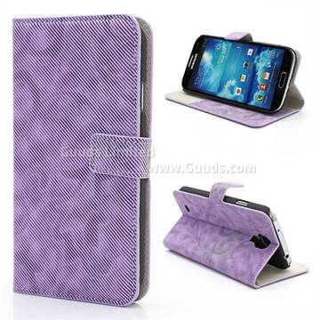 Twill Grain Leather Case for Samsung Galaxy S 4 IV i9500 i9502 i9505 with Built-in Stand and Card Slot - Purple