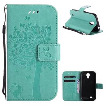 Embossing Butterfly Tree Leather Wallet Case for Samsung Galaxy S4 - Cyan