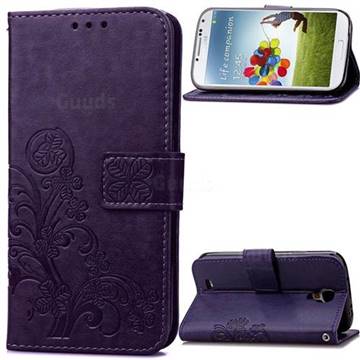 Embossing Imprint Four-Leaf Clover Leather Wallet Case for Samsung Galaxy S4 - Purple