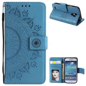 Intricate Embossing Datura Leather Wallet Case for Samsung Galaxy S4 - Blue
