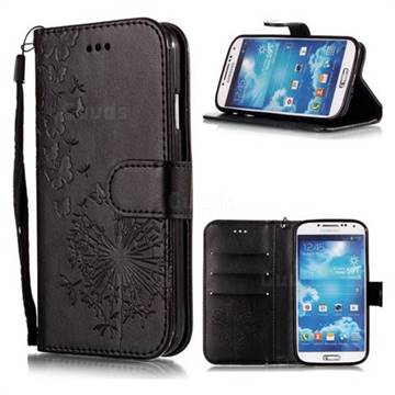 Intricate Embossing Dandelion Butterfly Leather Wallet Case for Samsung Galaxy S4 - Black
