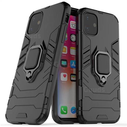 Black Panther Armor Metal Ring Grip Shockproof Dual Layer Rugged Hard Cover for iPhone 11 (6.1 inch) - Black