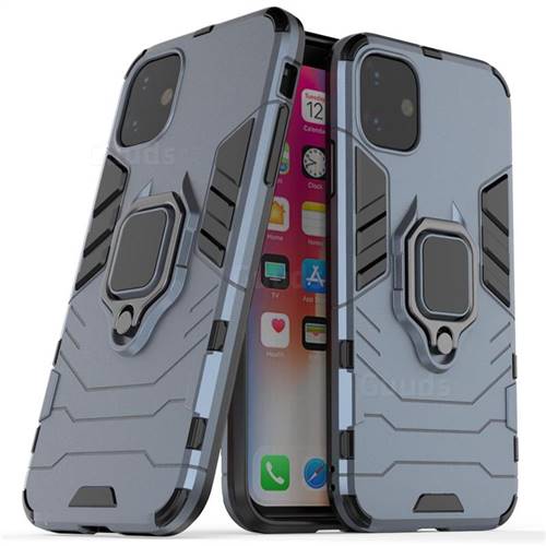 Black Panther Armor Metal Ring Grip Shockproof Dual Layer Rugged Hard Cover for iPhone 11 (6.1 inch) - Blue