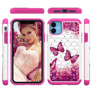 Rose Butterfly Studded Rhinestone Bling Diamond Shock Absorbing Hybrid Defender Rugged Phone Case Cover for iPhone 11 (6.1 inch)