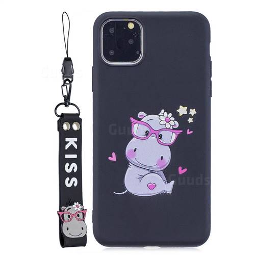 Black Flower Hippo Soft Kiss Candy Hand Strap Silicone Case for iPhone 11 (6.1 inch)