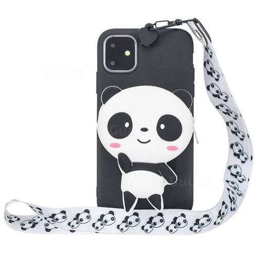 White Panda Neck Lanyard Zipper Wallet Silicone Case for iPhone 11 (6.1 inch)