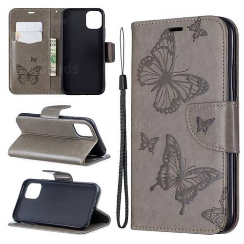 Embossing Double Butterfly Leather Wallet Case for iPhone 11 - Gray