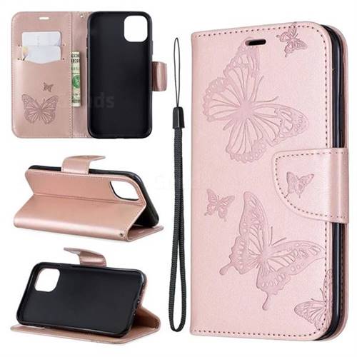 Embossing Double Butterfly Leather Wallet Case for iPhone 11 - Rose Gold