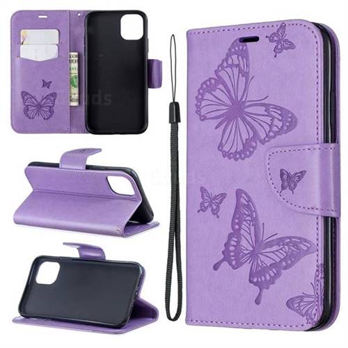 Embossing Double Butterfly Leather Wallet Case for iPhone 11 - Purple