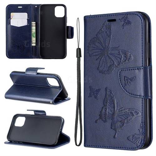 Embossing Double Butterfly Leather Wallet Case for iPhone 11 - Dark Blue