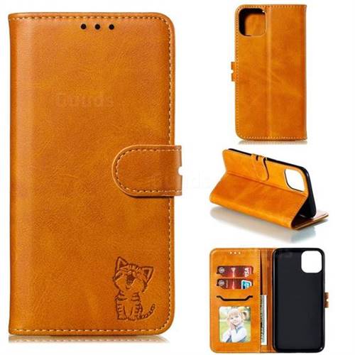 Embossing Happy Cat Leather Wallet Case for iPhone 11 (6.1 inch) - Yellow