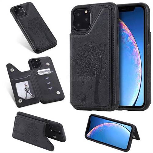 Luxury Tree and Cat Multifunction Magnetic Card Slots Stand Leather Phone Back Cover for iPhone 11 (6.1 inch) - Black
