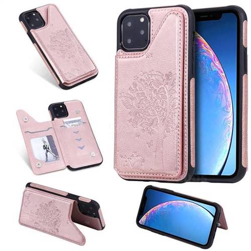 Luxury Tree and Cat Multifunction Magnetic Card Slots Stand Leather Phone Back Cover for iPhone 11 (6.1 inch) - Rose Gold
