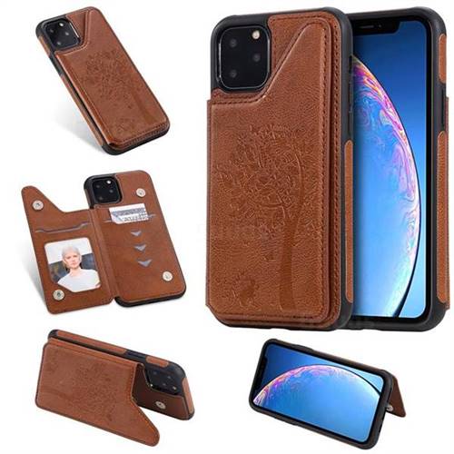 Luxury Tree and Cat Multifunction Magnetic Card Slots Stand Leather Phone Back Cover for iPhone 11 (6.1 inch) - Brown