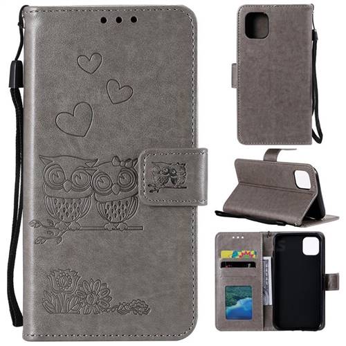 Embossing Owl Couple Flower Leather Wallet Case for iPhone 11 (6.1 inch) - Gray
