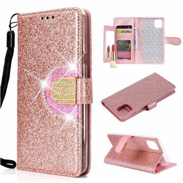 Glitter Diamond Buckle Splice Mirror Leather Wallet Phone Case for iPhone 11 (6.1 inch) - Rose Gold