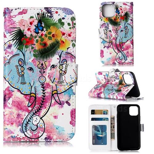 Flower Elephant 3D Relief Oil PU Leather Wallet Case for iPhone 11 (6.1 inch)