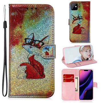 Glasses Fox Laser Shining Leather Wallet Phone Case for iPhone 11 (6.1 inch)