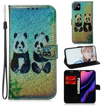 Two Pandas Laser Shining Leather Wallet Phone Case for iPhone 11 (6.1 inch)