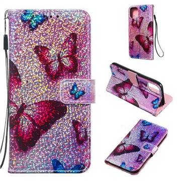 Blue Butterfly Sequins Painted Leather Wallet Case for iPhone 11 (6.1 inch)