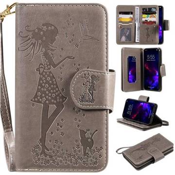 Embossing Cat Girl 9 Card Leather Wallet Case for iPhone 11 (6.1 inch) - Gray