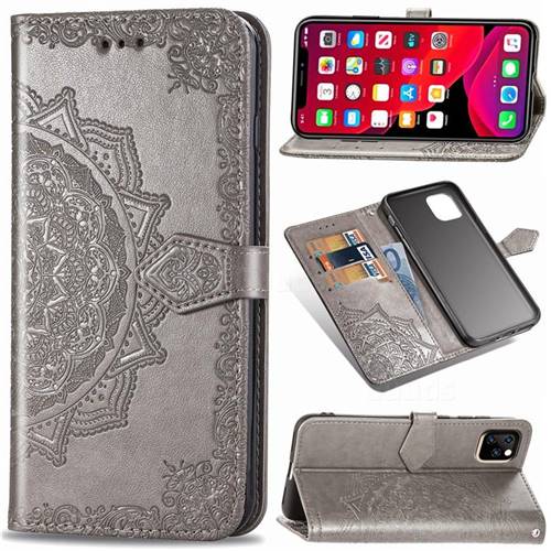 Embossing Imprint Mandala Flower Leather Wallet Case for iPhone 11 (6.1 inch) - Gray