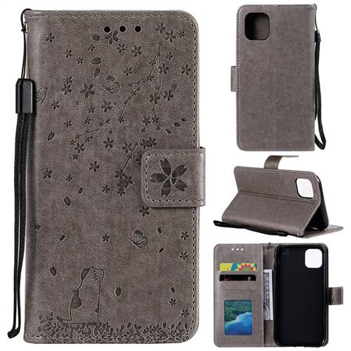 Embossing Cherry Blossom Cat Leather Wallet Case for iPhone 11 (6.1 inch) - Gray