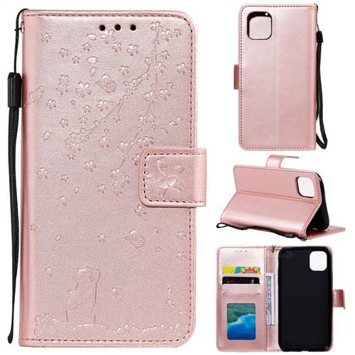 Embossing Cherry Blossom Cat Leather Wallet Case for iPhone 11 (6.1 inch) - Rose Gold