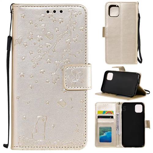 Embossing Cherry Blossom Cat Leather Wallet Case for iPhone 11 (6.1 inch) - Golden