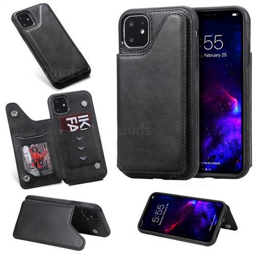 Luxury Multifunction Magnetic Card Slots Stand Calf Leather Phone Back Cover for iPhone 11 (6.1 inch) - Black