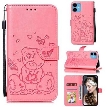 Embossing Butterfly Heart Bear Leather Wallet Case for iPhone 11 (6.1 inch) - Pink