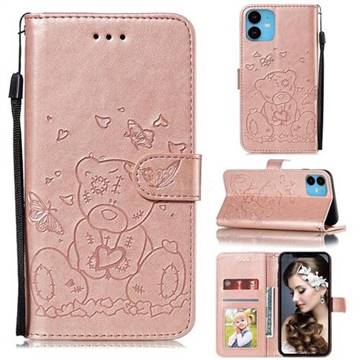 Embossing Butterfly Heart Bear Leather Wallet Case for iPhone 11 (6.1 inch) - Rose Gold
