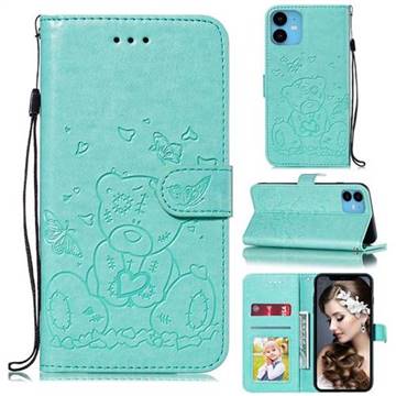 Embossing Butterfly Heart Bear Leather Wallet Case for iPhone 11 (6.1 inch) - Green