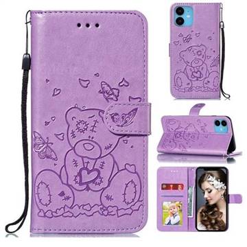 Embossing Butterfly Heart Bear Leather Wallet Case for iPhone 11 (6.1 inch) - Purple