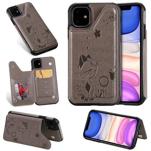 Luxury Bee and Cat Multifunction Magnetic Card Slots Stand Leather Back Cover for iPhone 11 (6.1 inch) - Black